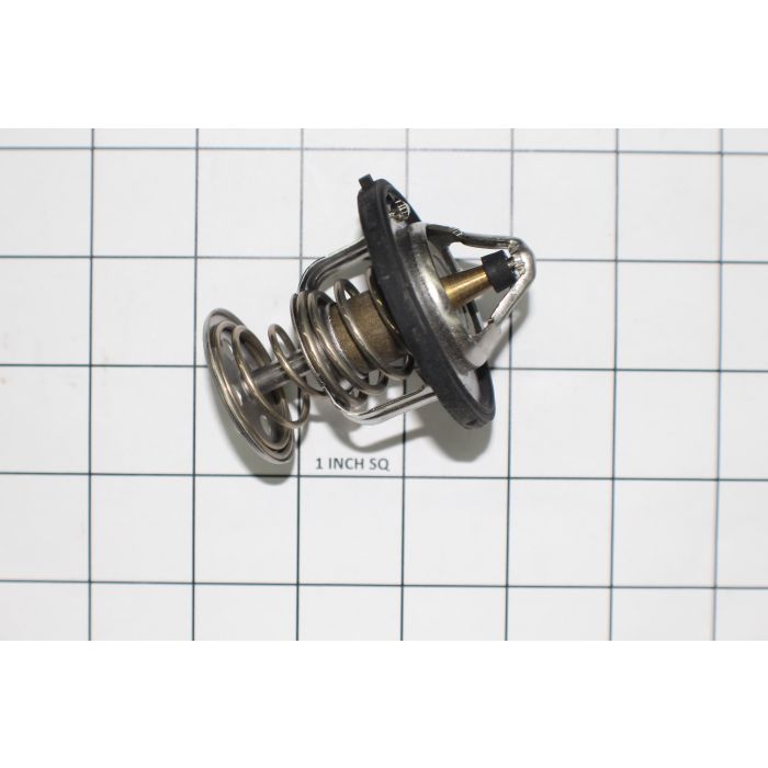 Thermostat for GM 6.0L engine, rated at 160 degrees Fahrenheit, with metal spring and black plastic housing, on a grid background.