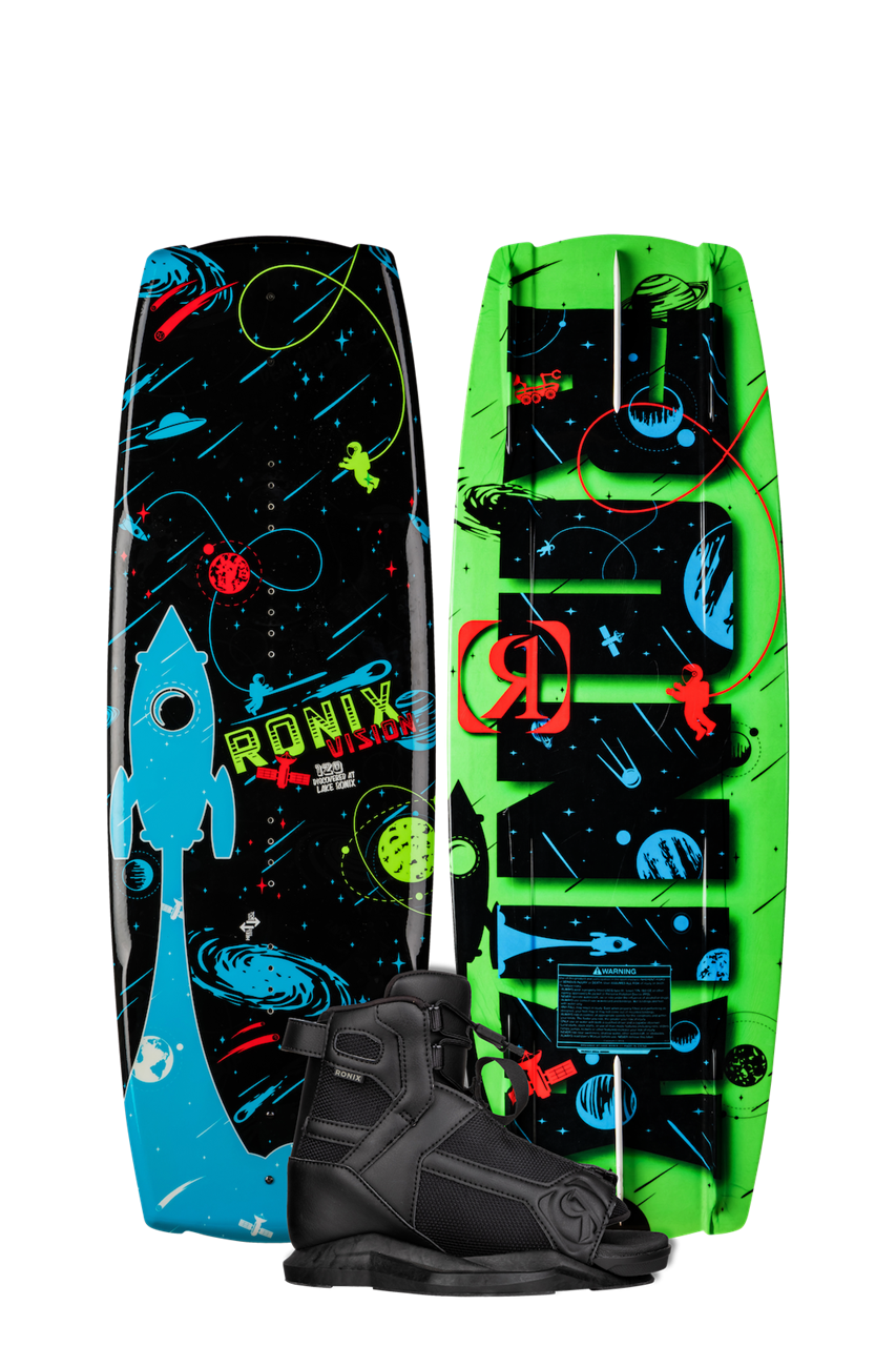 2025 Ronix Vision Kid's Wakeboard with space-themed graphics, featuring a black and blue design, green accents, and a black wakeboard binding.