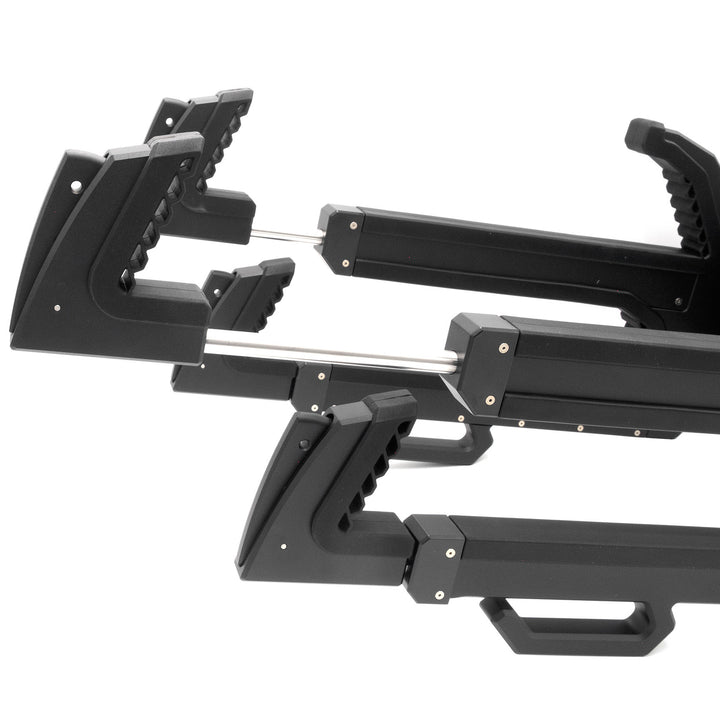 Black Skylon Skylock Pro-4 complete locking bike rack with adjustable arms and locking mechanisms, designed for secure bike storage.