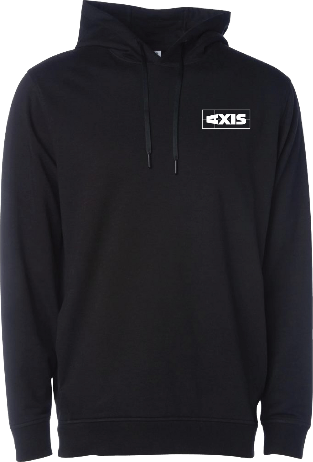 Black hoodie with a drawstring hood and a white "AXIS" logo on the chest, made of soft, comfortable fabric.