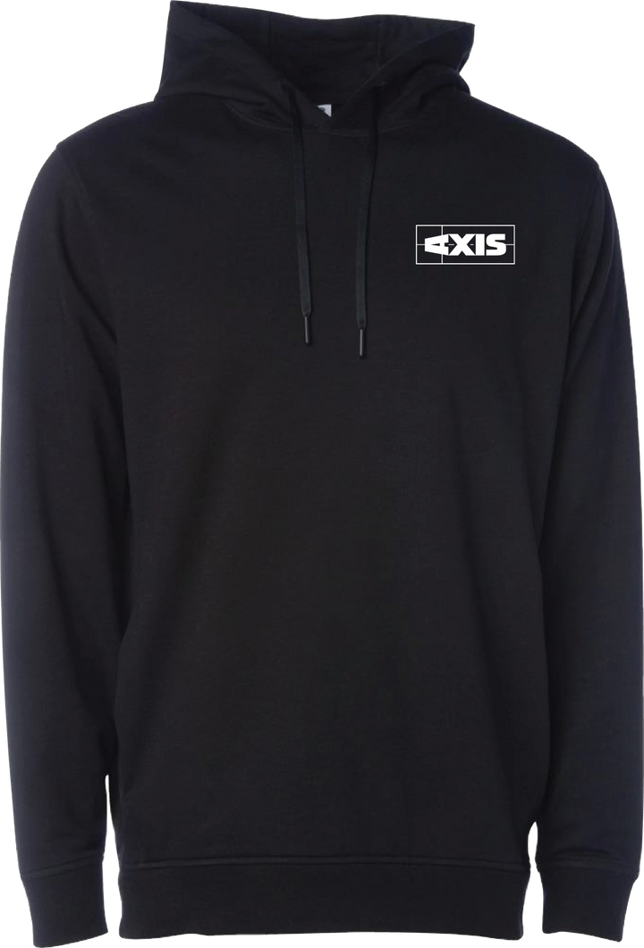 Black hoodie with a drawstring hood and a white "AXIS" logo on the chest, made of soft, comfortable fabric.