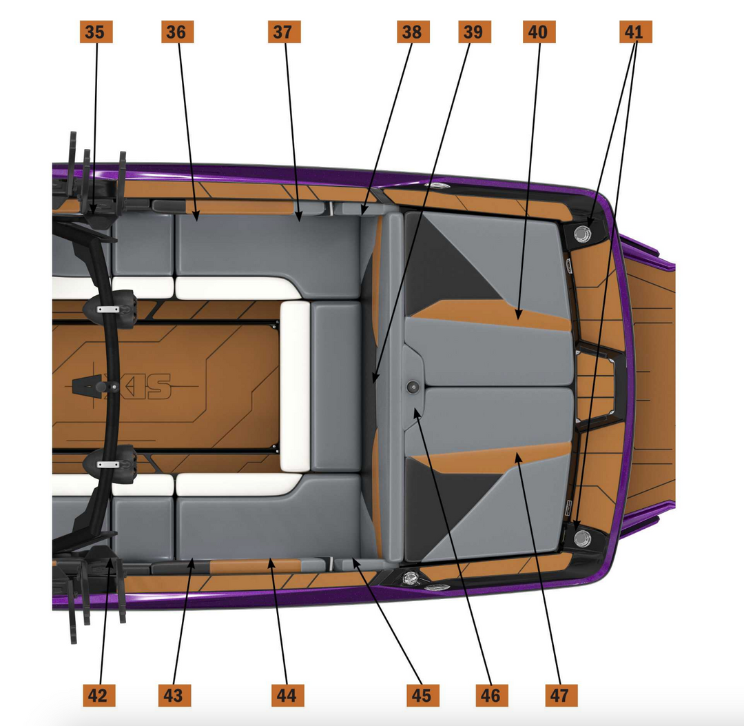 Top view of AXIS Sundeck Hatch Upholstery with numbered sections, featuring gray, black, and brown cushioned seating.