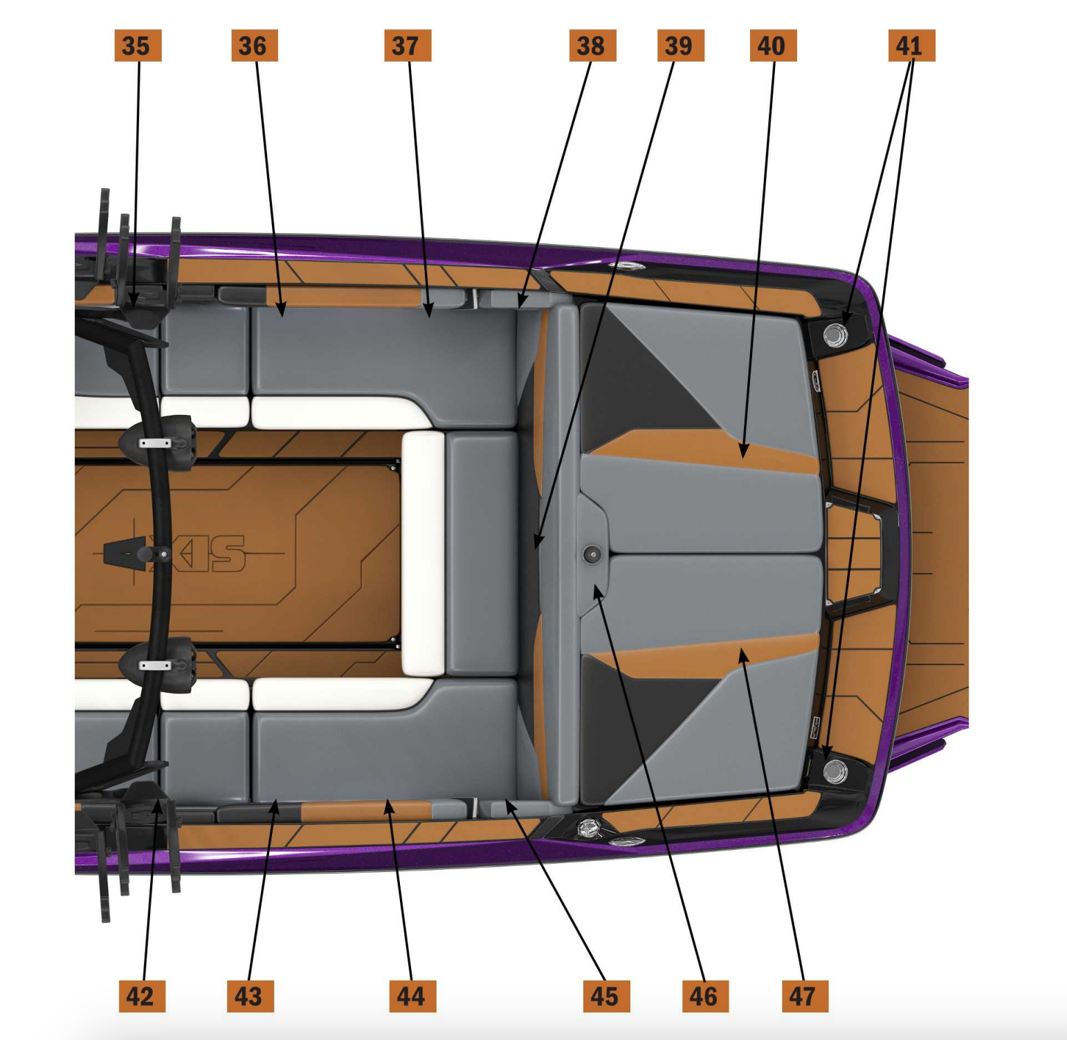 Top view of AXIS Sundeck Hatch Upholstery with numbered sections, featuring gray, black, and brown cushioned seating.