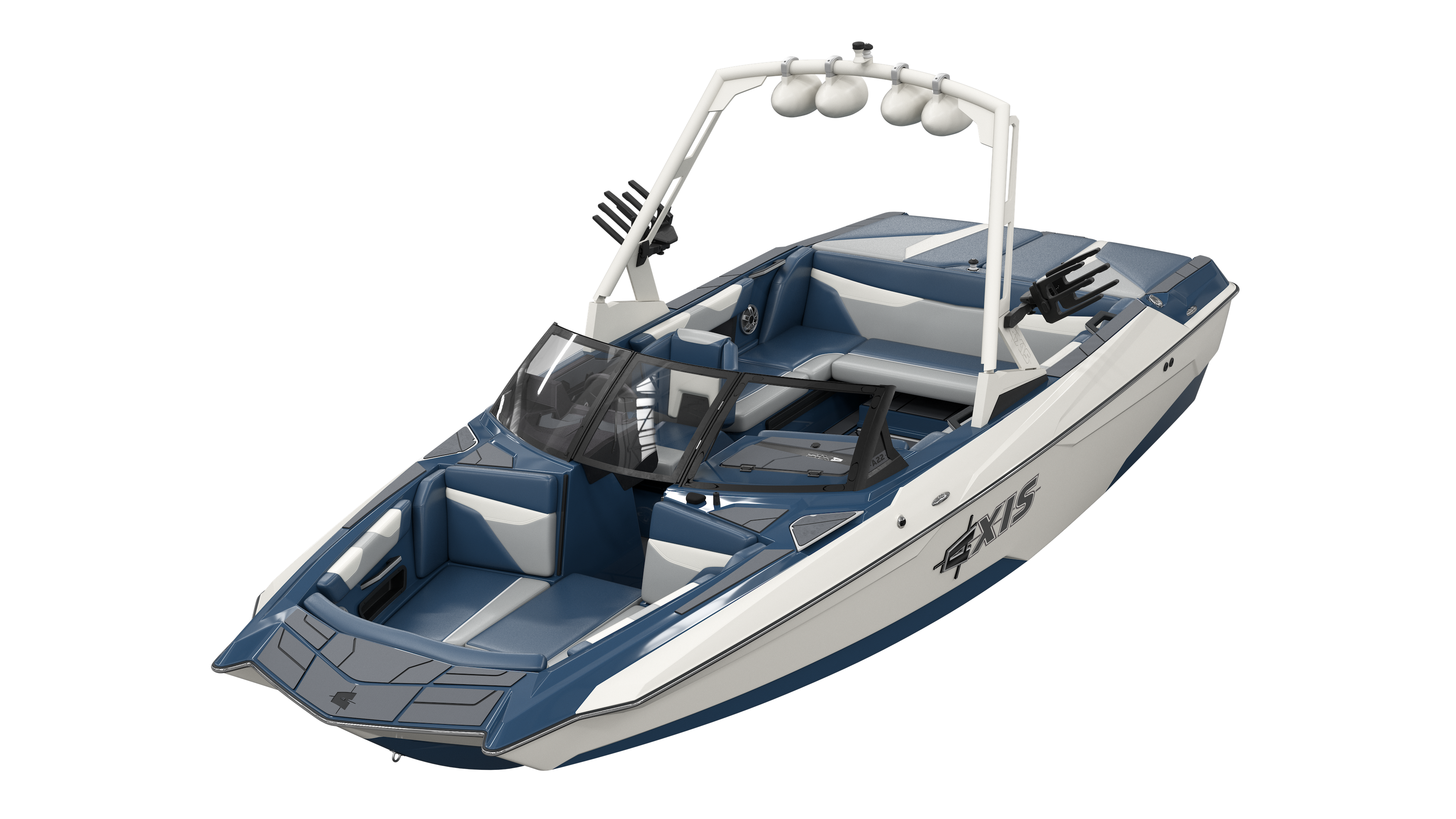 Axis Port Windshield on a sleek blue and white motorboat with seating, wakeboard racks, and a sturdy frame.