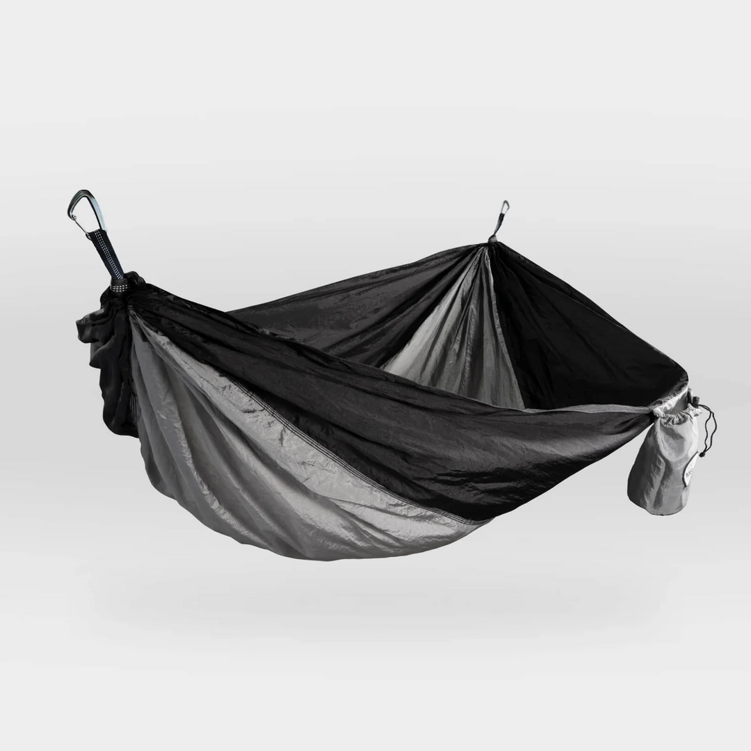 Black and gray Mission Boat hammock with carabiners for boat camping or relaxing on the water.