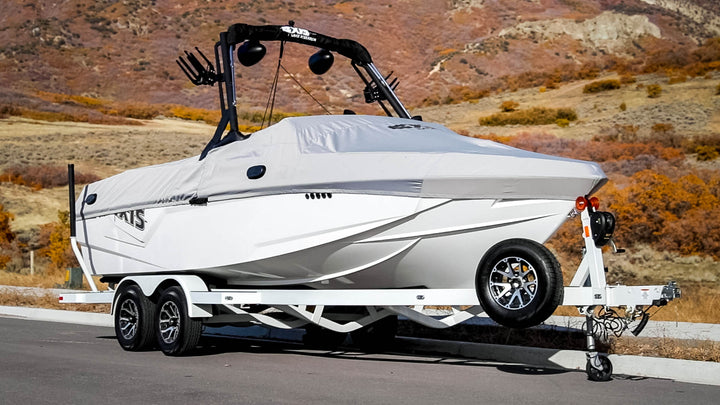 Axis T250 cover designed for AW20 tower with swim platform, providing protection for your boat during storage and transport.