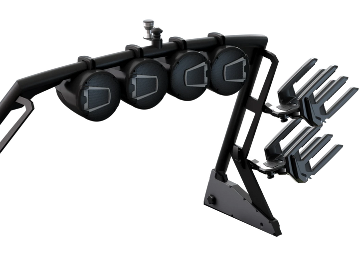 2024 AXIS REV10 speaker system featuring four high-performance speakers mounted on a sturdy frame.