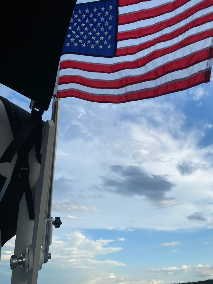 American flag mounted on a Tower Flag Mount-Malibu/Axis against a partly cloudy sky.