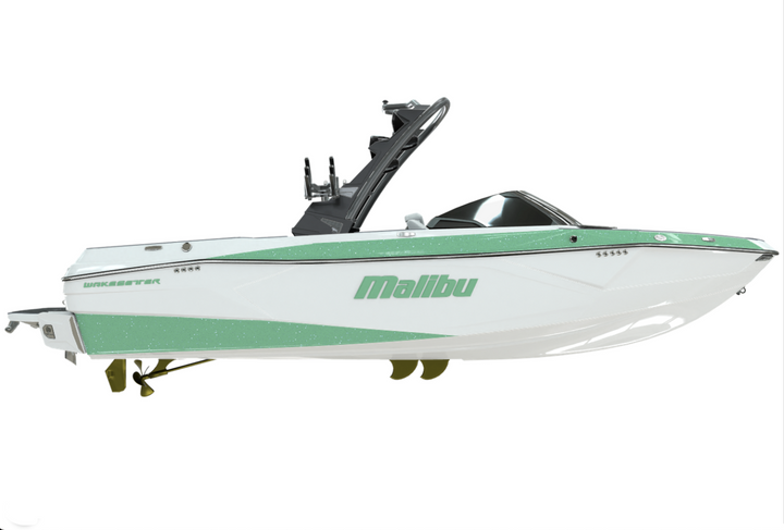 Malibu boat with a sleek design featuring a prominent Malibu emblem on the side, showcasing its vibrant colors.