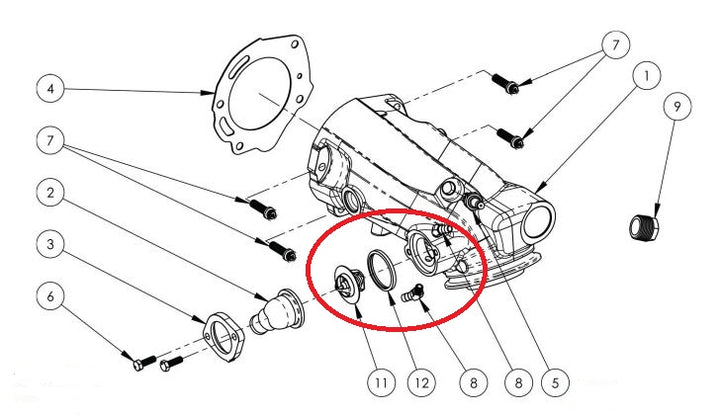 Diagram of a thermostat assembly for exhaust elbow M-Series/LT4, featuring a 140°F thermostat and related components.