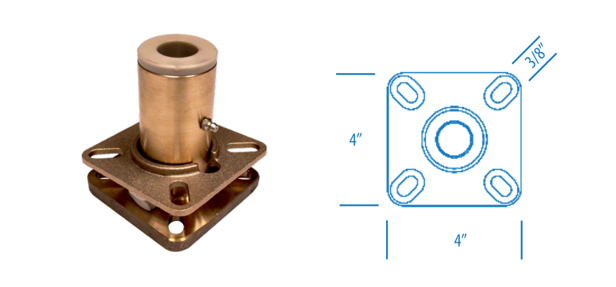 Malibu MH Rudder Box with copper housing and mounting plate, dimensions 4x4 inches, detailed technical drawing included.