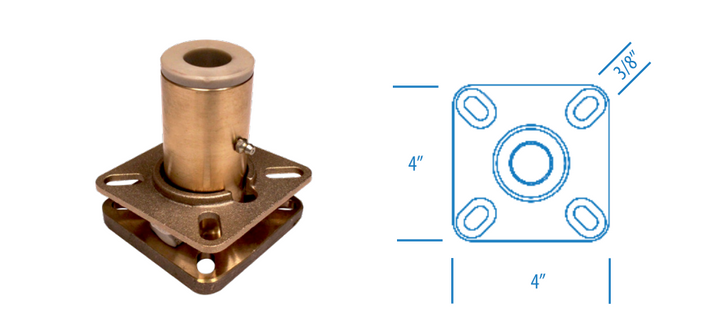 Malibu MH Rudder Box with copper housing and mounting plate, dimensions 4x4 inches, detailed technical drawing included.