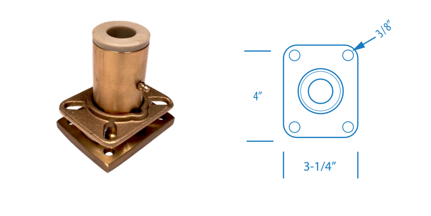 Malibu rudder with direct drive for 1988-1993 boats, featuring a bronze construction and detailed mounting dimensions.