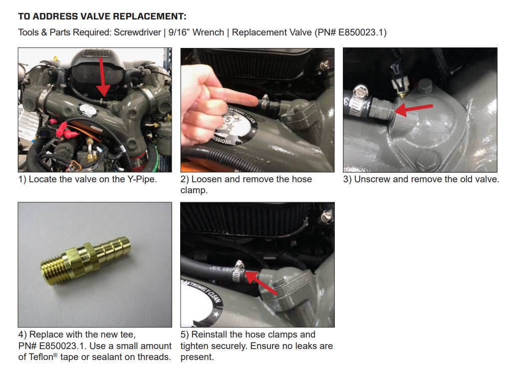 Step-by-step guide with images for replacing a valve on a Y-pipe, including locating, removing, and installing the Malibu M-Series Y Pipe Relief Valve.