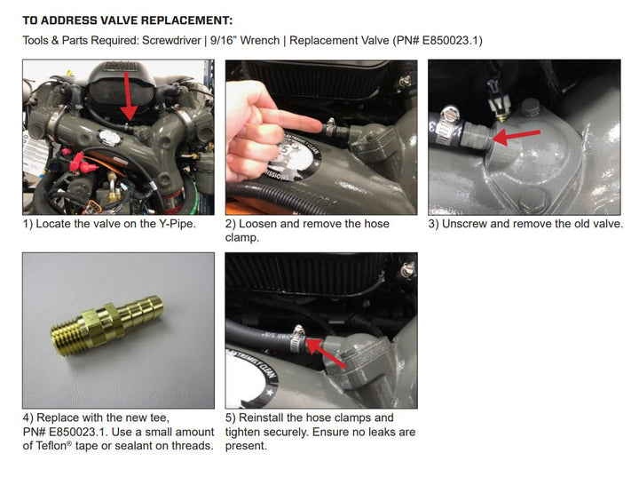 Step-by-step guide with images for replacing a valve on a Y-pipe, including locating, removing, and installing the Malibu M-Series Y Pipe Relief Valve.