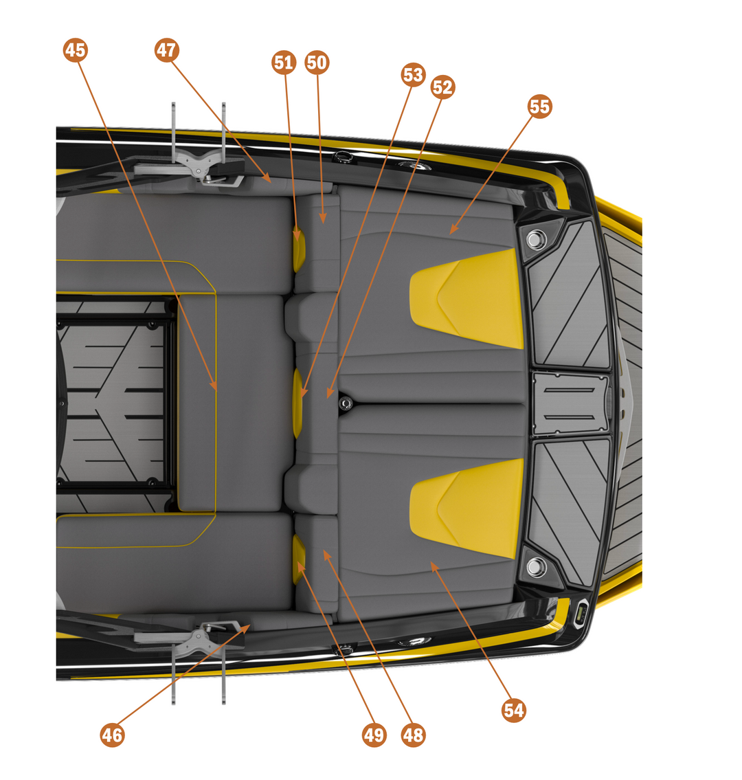 Top view of Malibu VLX 19-21 center rear seat backrest with labeled components and cushioning.