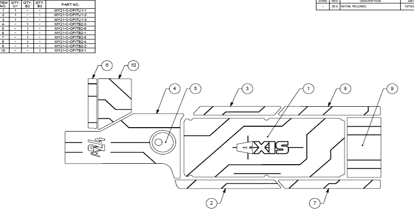 AXIS A24 transmission door soft grip design with labeled parts for easy identification and installation.