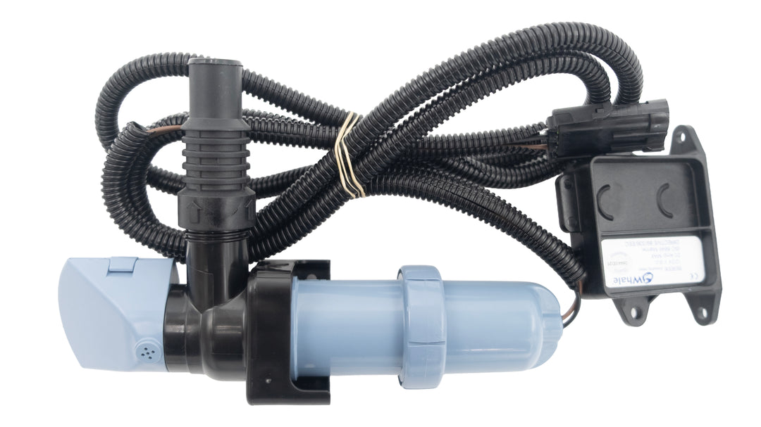 1100 GPH bilge pump with a durable design, wiring harness, and connector for efficient water removal from boats.