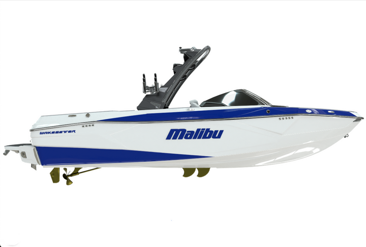 Malibu boat featuring a prominent blue and white design with a large Malibu emblem on the side.