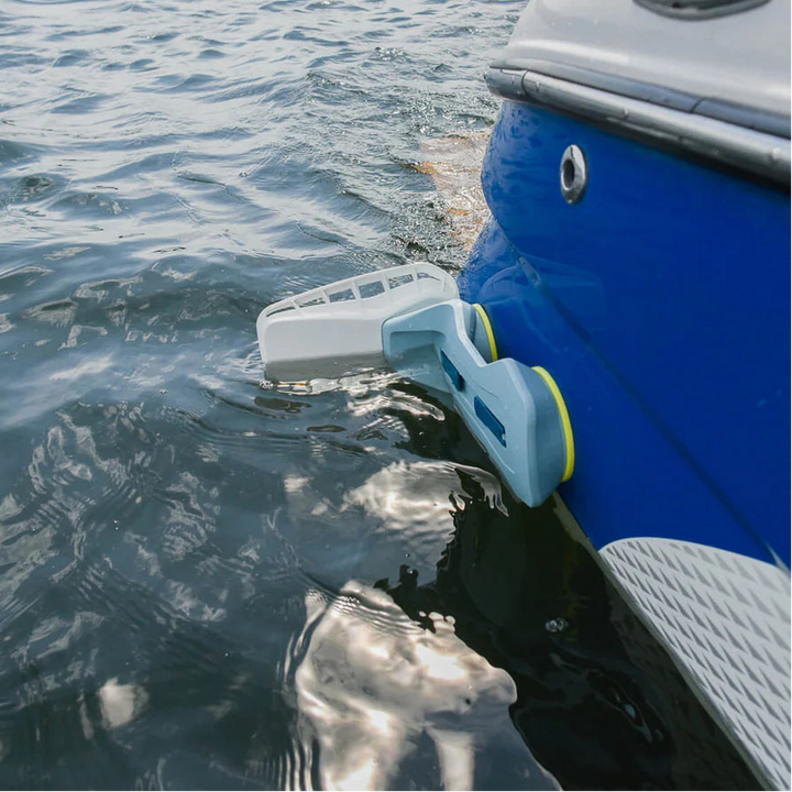 Mission Boat DELTA 2.0 Wake Shaper attached to a boat, enhancing wake performance on the water. Ideal for wakeboarding.