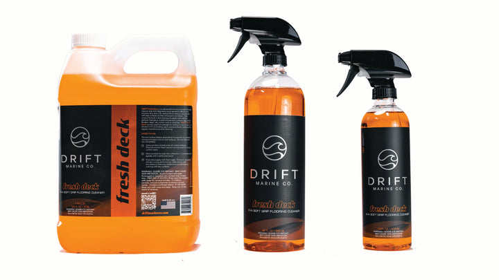 Fresh Deck by Drift Marine Co. is a line of deck cleaning products in various sizes, featuring a vibrant orange liquid.