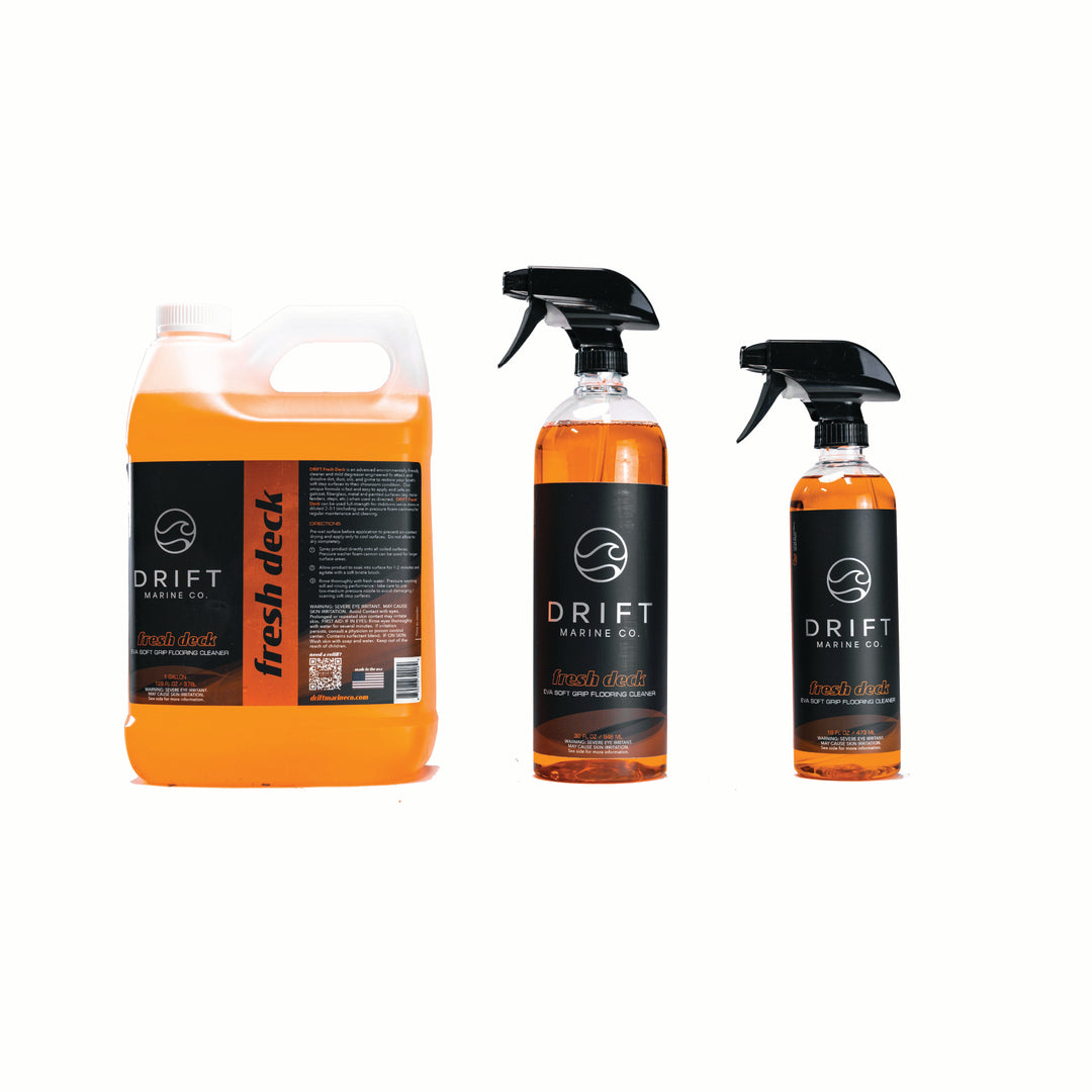 Fresh Deck by Drift Marine Co. includes a large jug and two spray bottles of deck cleaning solution for boats.