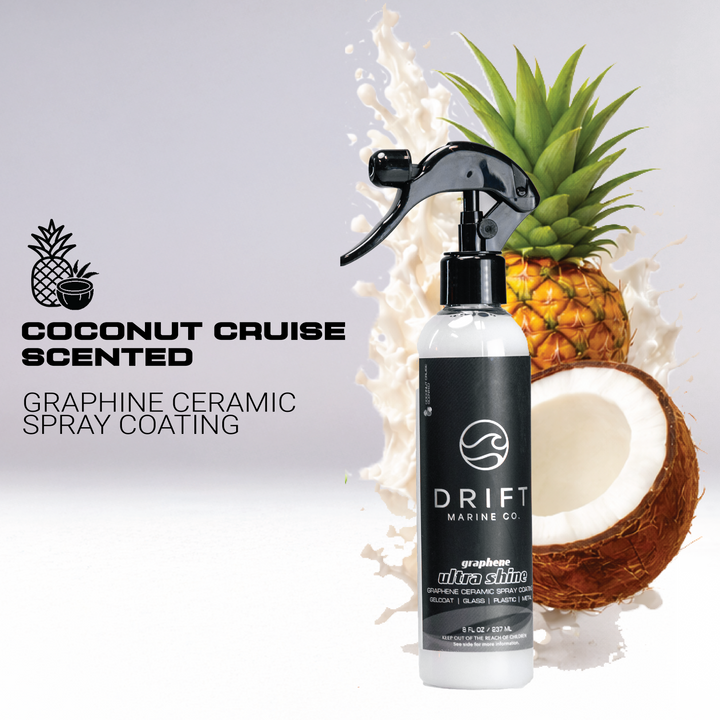 Graphene Ultra Shine by Drift Marine Co. is a coconut-scented ceramic spray coating for boat maintenance.