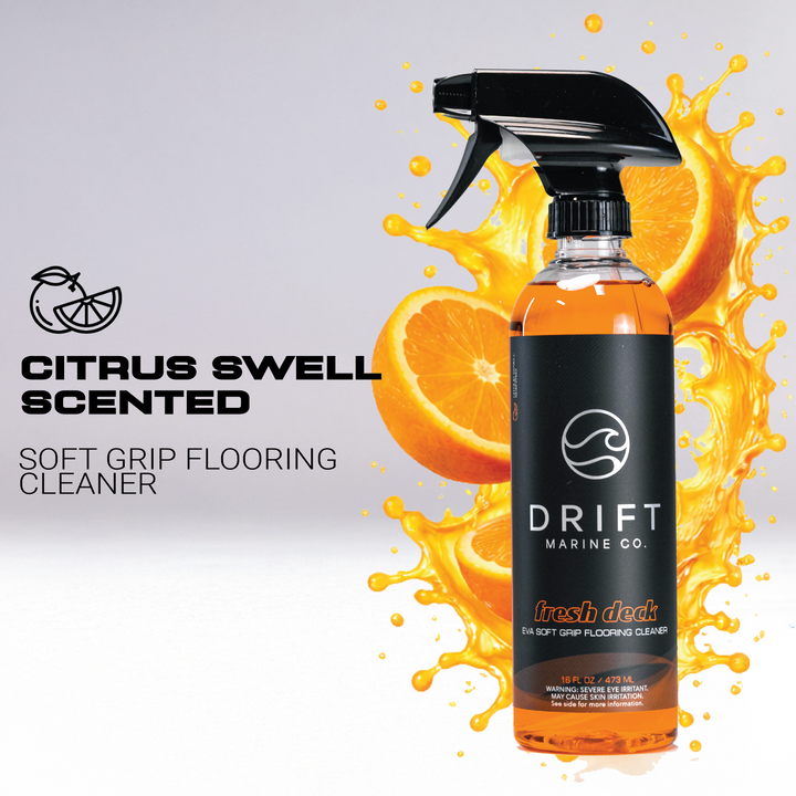 Citrus-scented Fresh Deck cleaner by Drift Marine Co. in a spray bottle, designed for soft grip flooring maintenance.