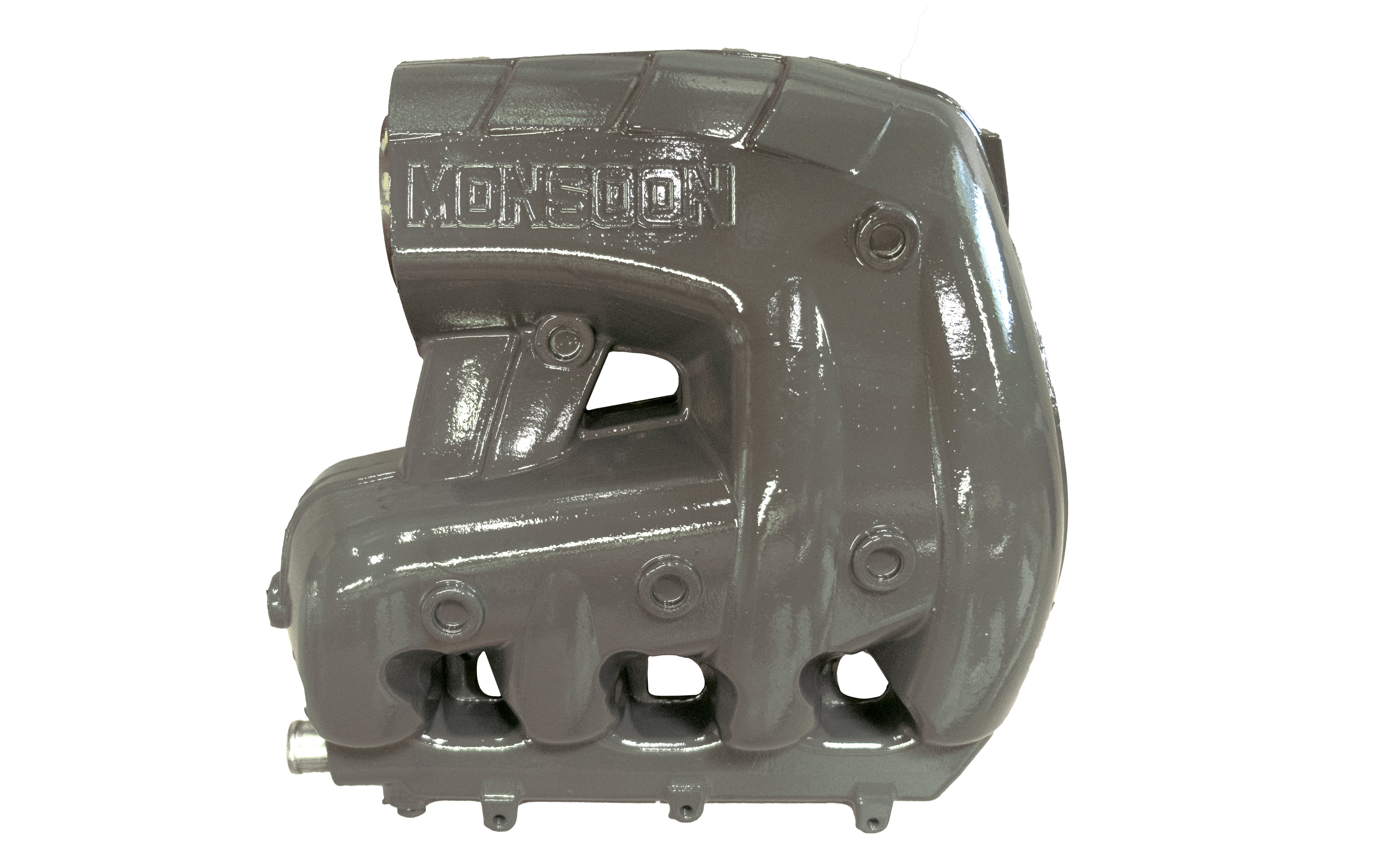 Malibu M5DI/M6DI RH manifold, black cast metal with embossed "MORSON" logo, featuring multiple ports and mounting points.