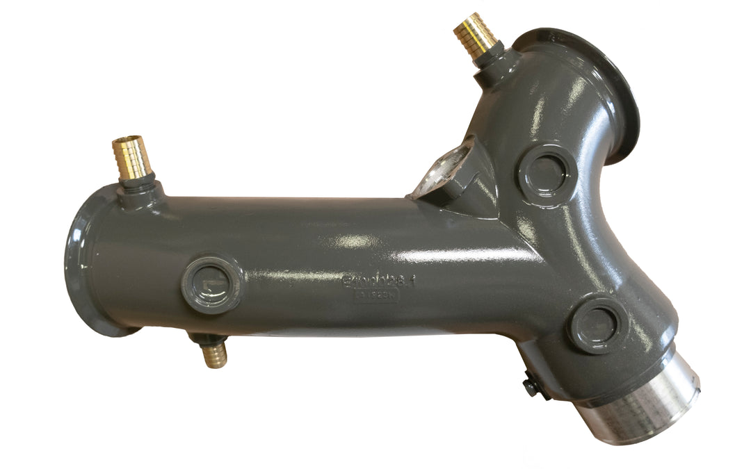 Exhaust Y pipe component with multiple inlet and outlet ports, used in vehicle exhaust systems for directing gases.