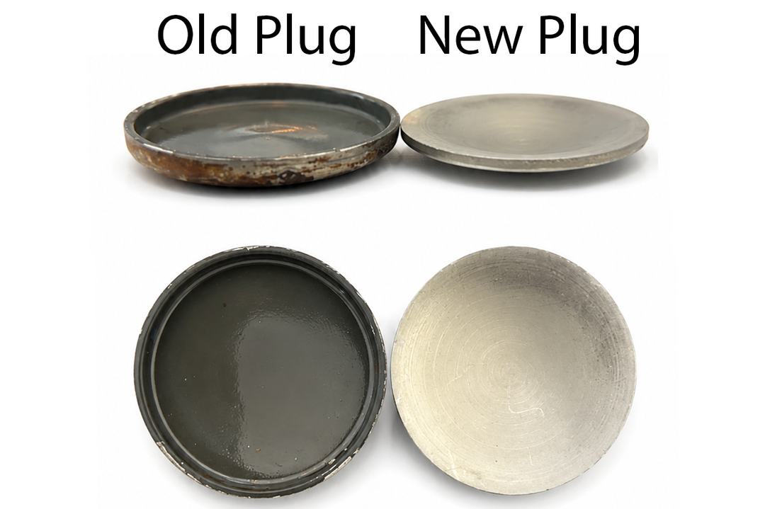 Comparison of an old and new freeze plug cup for exhaust elbow expansion, showcasing different conditions and finishes.