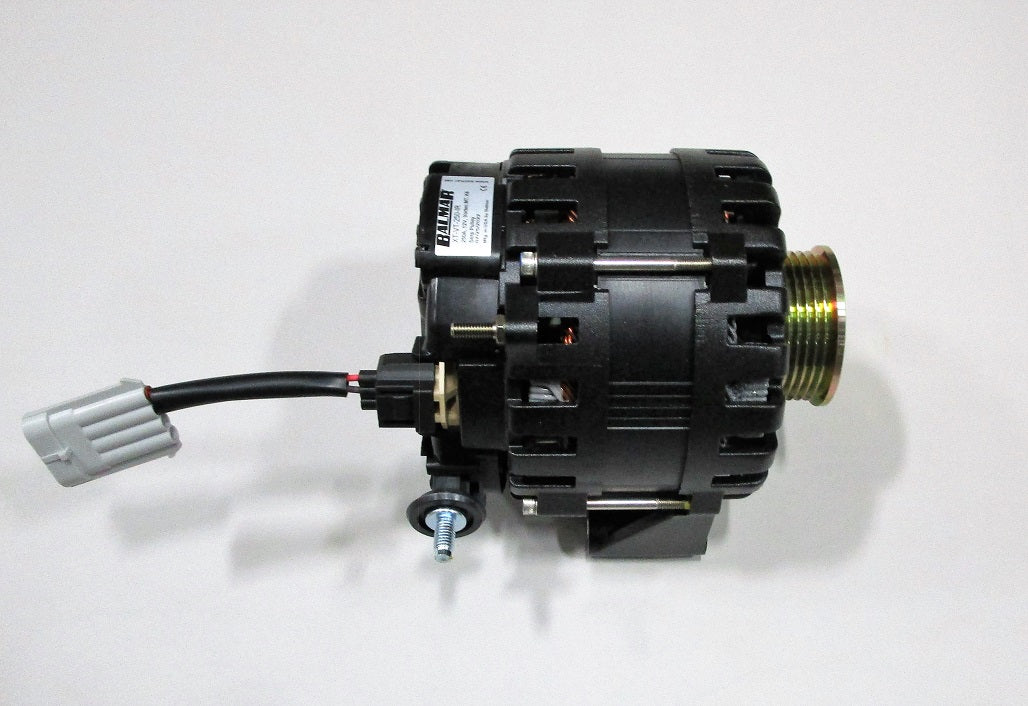 Alternator, M-Series/LT4, 250 AMP, black metal body with pulley, electrical connector, and mounting bolt, used for high-performance vehicles.