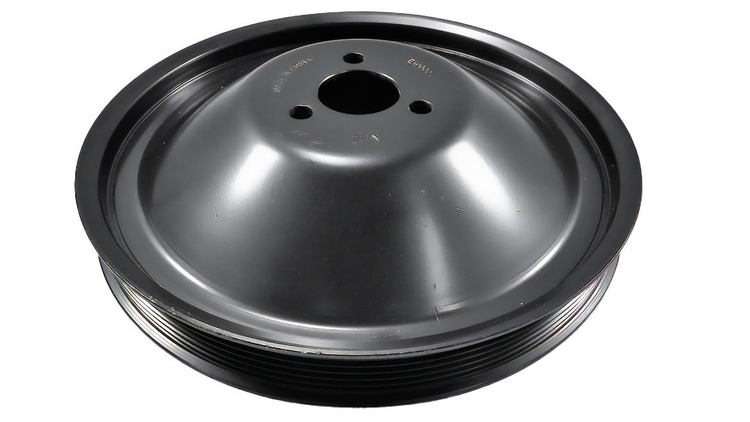 Pulley for Raw Water Pump, Gen V, black metal, with central hole and mounting holes, used in industrial water pumping systems.
