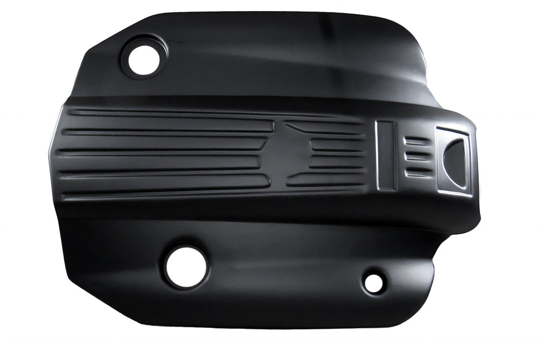 Malibu engine cover in black plastic with vent-like slats and mounting holes, designed to protect and enhance engine appearance.