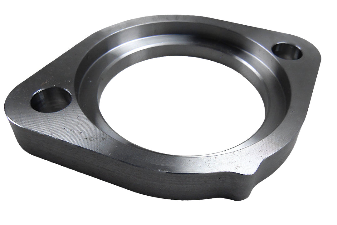 Exhaust thermostat cover flange for Gen V engine, made of metal with two mounting holes and a central circular opening.