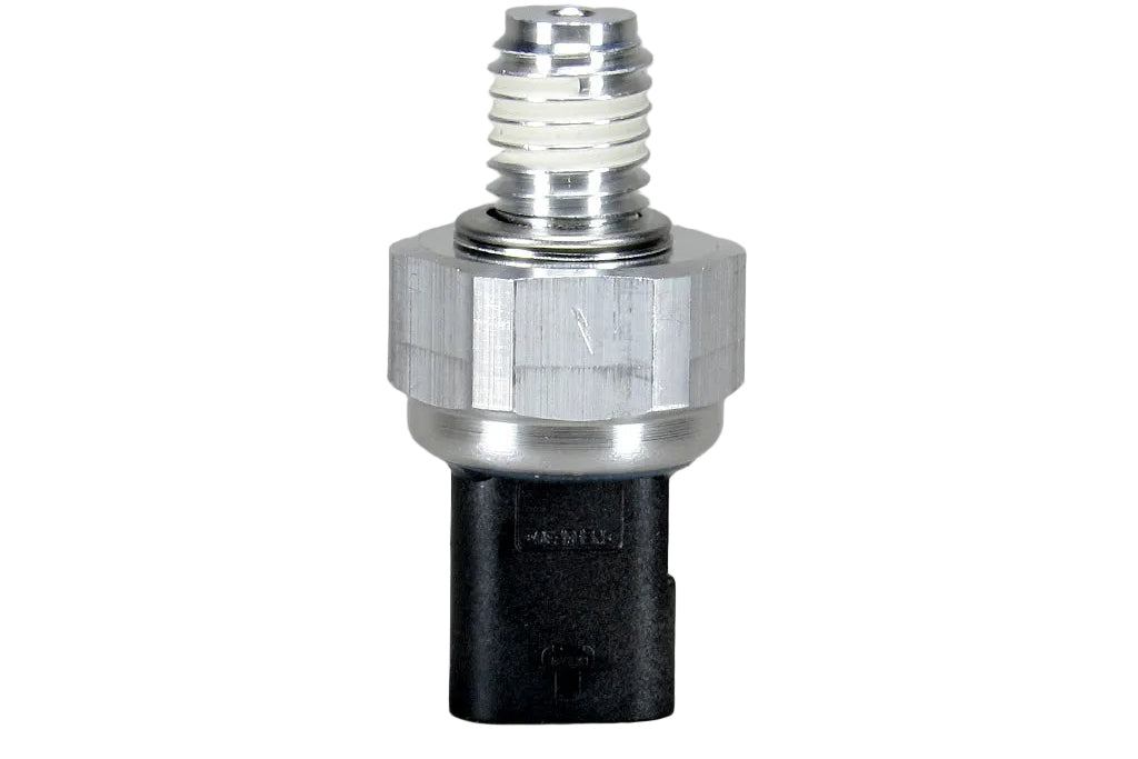 Malibu/Axis M Series oil pressure sensor with metal threaded fitting and black electrical connector, used in automotive applications.