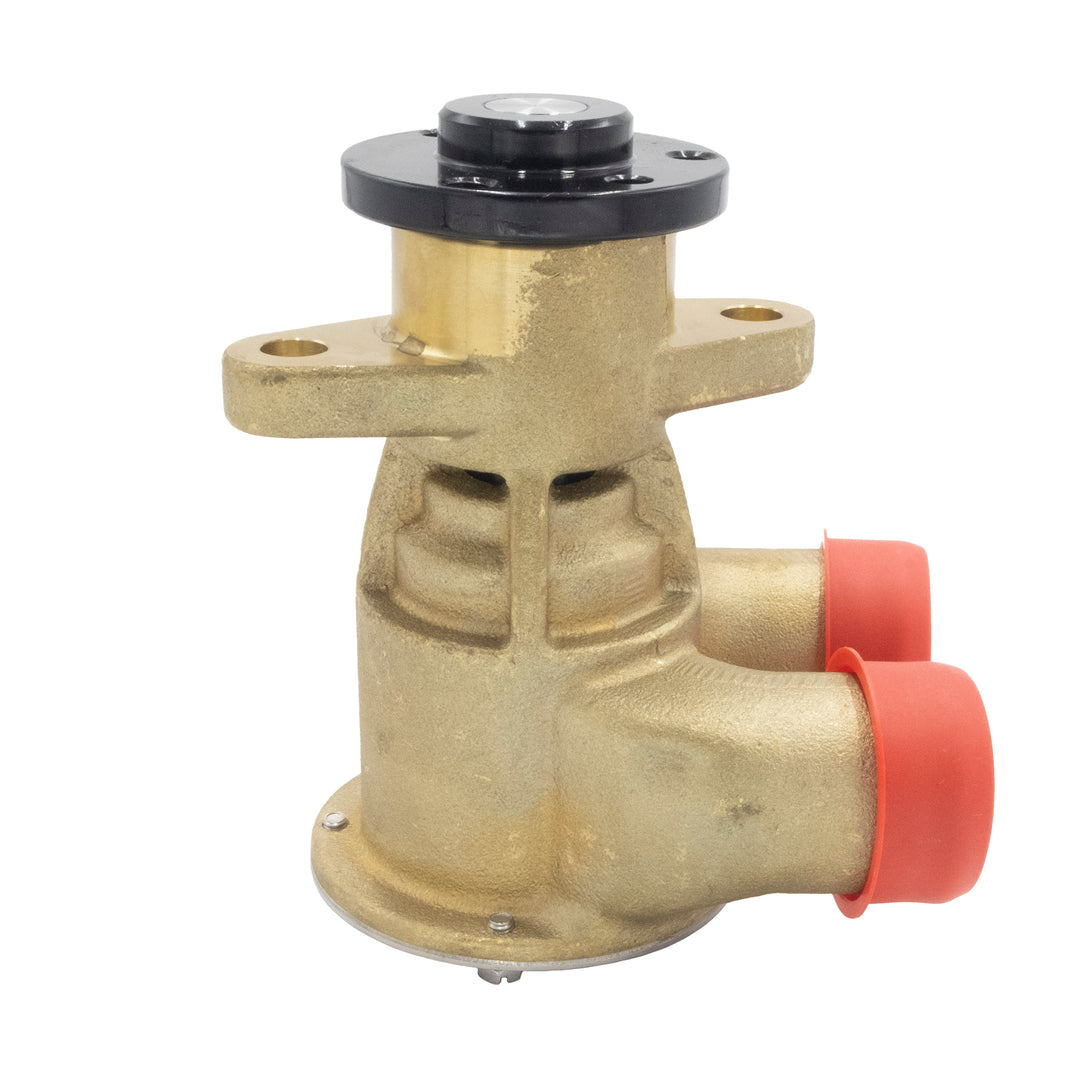 Malibu M-Series Raw Water Pump (Johnson F6B-19) with brass body and red inlet/outlet fittings, used for marine water circulation.