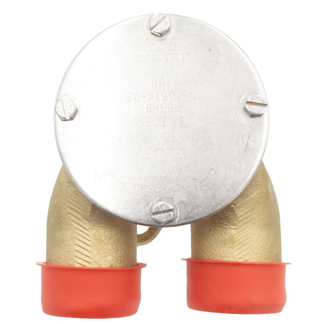 Malibu M-Series Johnson F6B-19 raw water pump with metal casing and two beige hoses with red ends.
