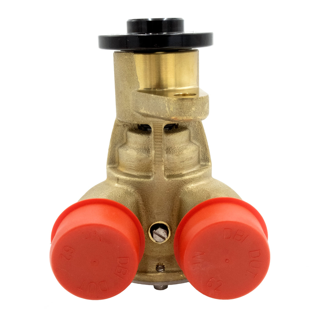 Malibu M-Series Raw Water Pump (Johnson F6B-19) with brass body and two red caps, used for marine engine water circulation.
