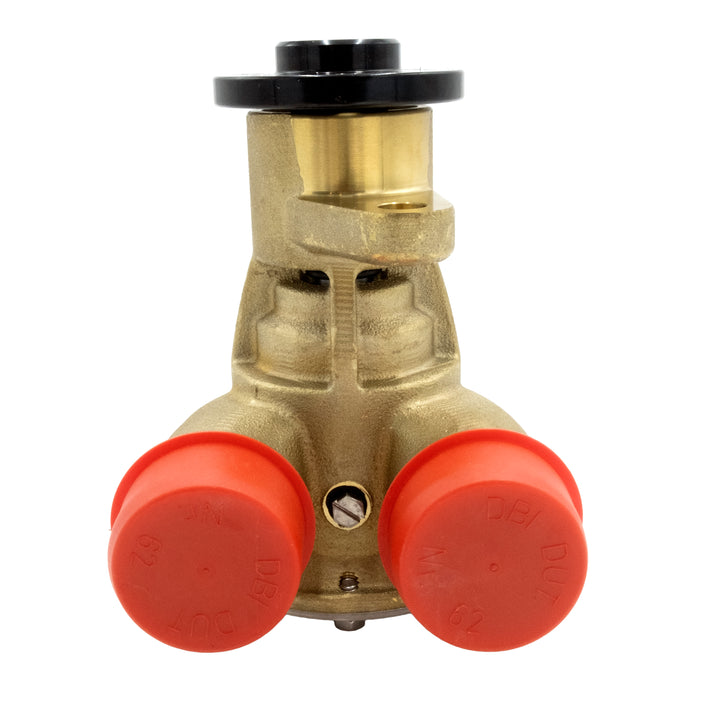 Malibu M-Series Raw Water Pump (Johnson F6B-19) with brass body and two red caps, used for marine engine water circulation.