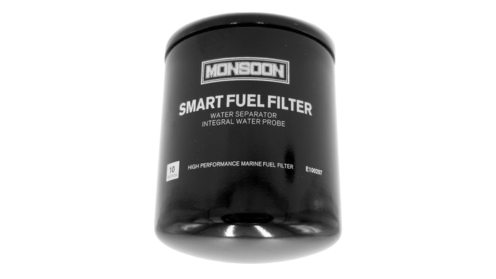 Black cylindrical Smart Fuel Filter with white text, labeled as "Monsoon Water Separator" and "High Performance Marine Fuel Filter.