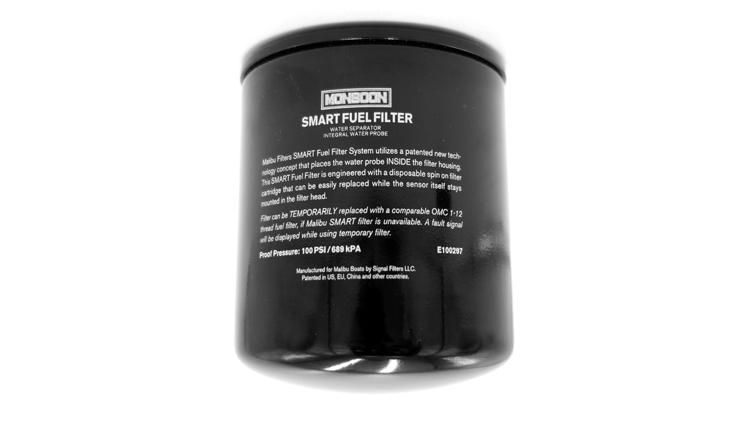 Black cylindrical Smart Fuel Filter with white text, labeled as Monsoon Water Separator for marine water filtration.