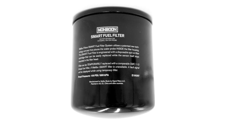 Black cylindrical Smart Fuel Filter with white text, labeled as Monsoon Water Separator for marine water filtration.