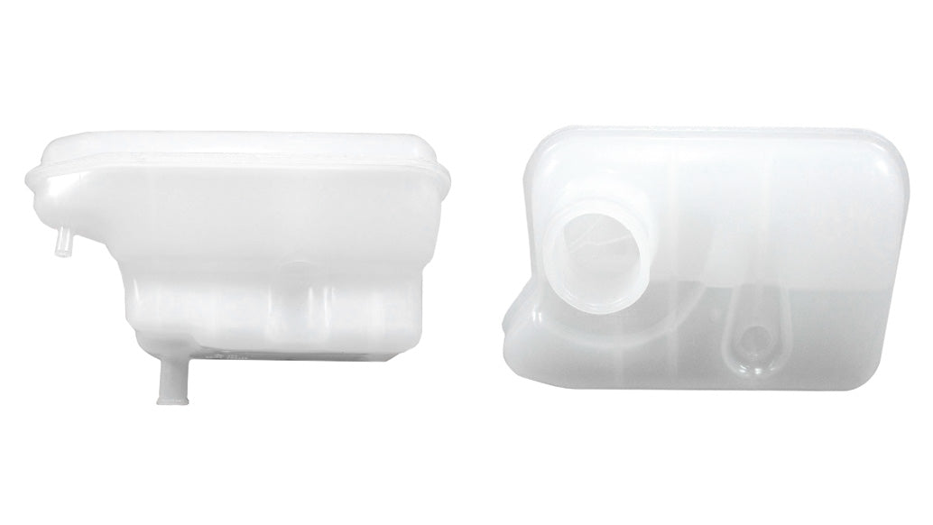 White coolant reservoir tank for Malibu engine, with one side view and top view, used for engine cooling system.
