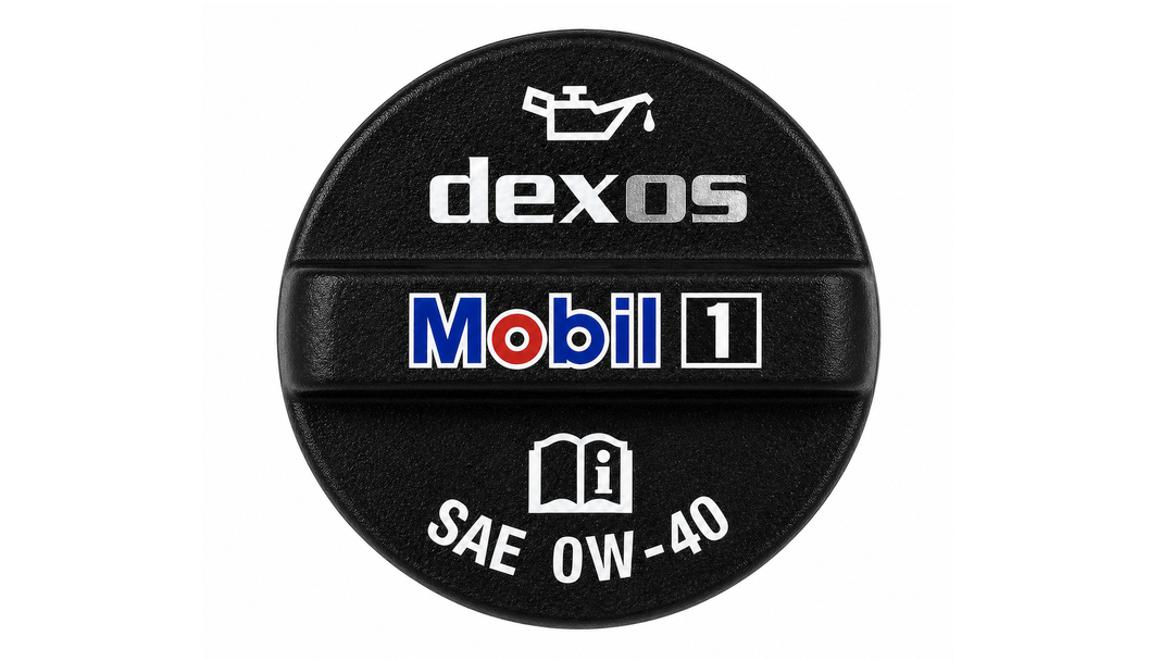 Oil fill cap for LT4 engines, featuring dexos and Mobil 1 branding, designed for SAE 0W-40 oil.