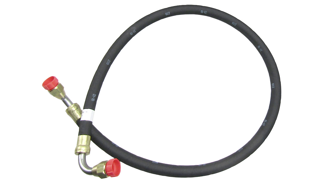 Gen V transmission oil line assembly hose with curved ends and protective caps for optimal performance in Malibu boats.
