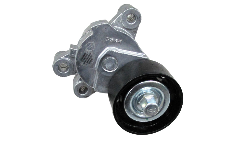 Tensioner for SC drive belt, designed for LT4 engines, featuring a metallic body and a black pulley.