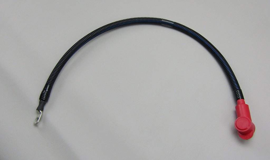 Malibu Battery Feed Harness with red connector and black protective coil, used for electrical connections in marine applications.