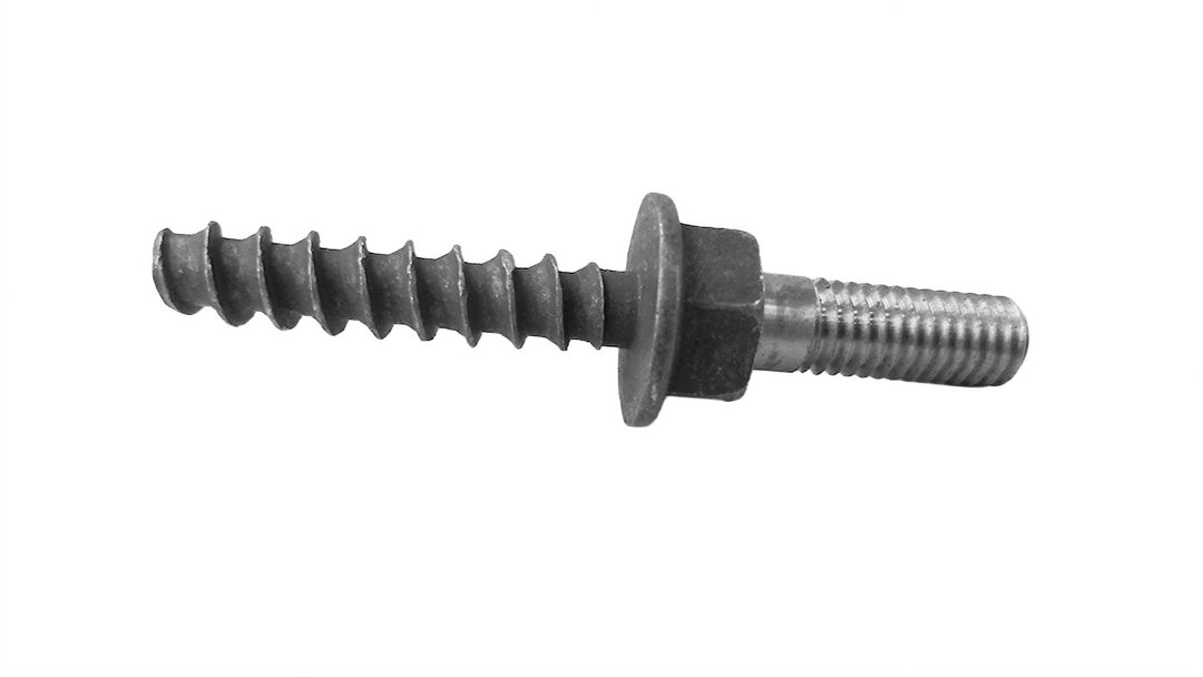 Stud fastener with a threaded end, expansion tank cover mount, and hex nut for securing intake cover.