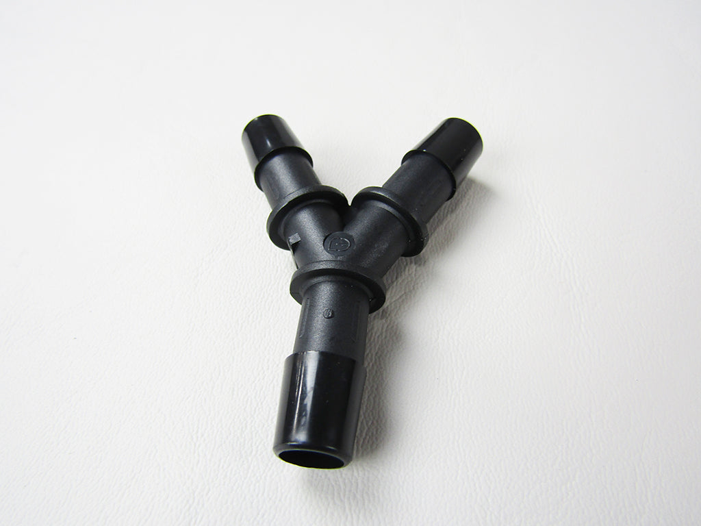 Black 3/8-inch hose barb Y-fitting connector for plumbing or fluid transfer applications.